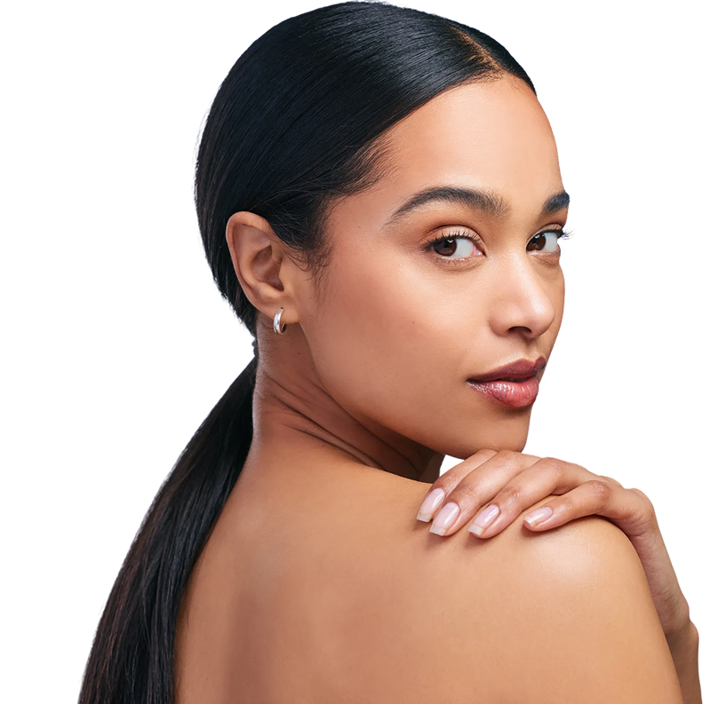 Woman with sleek hair showing sculpted, defined facial contours
